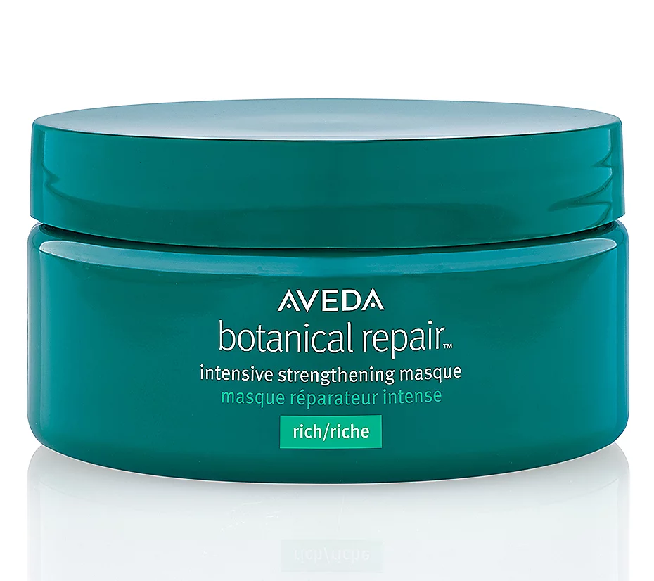 Aveda botanical repair intensive strengthening masque jar on a white background.Aveda Botanical Repair Intensive Strengthening Masque Rich 6.8oz jar, deeply nourishing treatment that repairs, strengthens, and restores damaged hair.