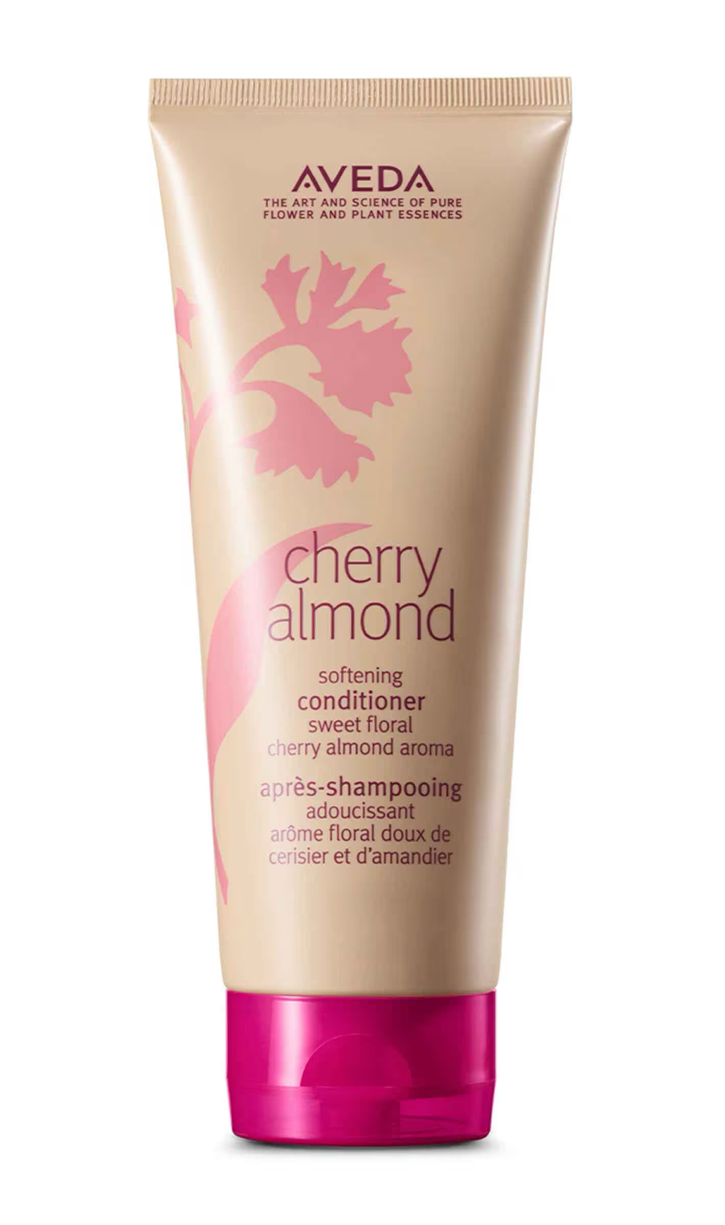 Aveda Cherry Almond conditioner bottle on a white background.Aveda Cherry Almond Softening Conditioner 6.7oz bottle, nourishing conditioner that softens hair, detangles, and leaves strands smooth, shiny, and healthy