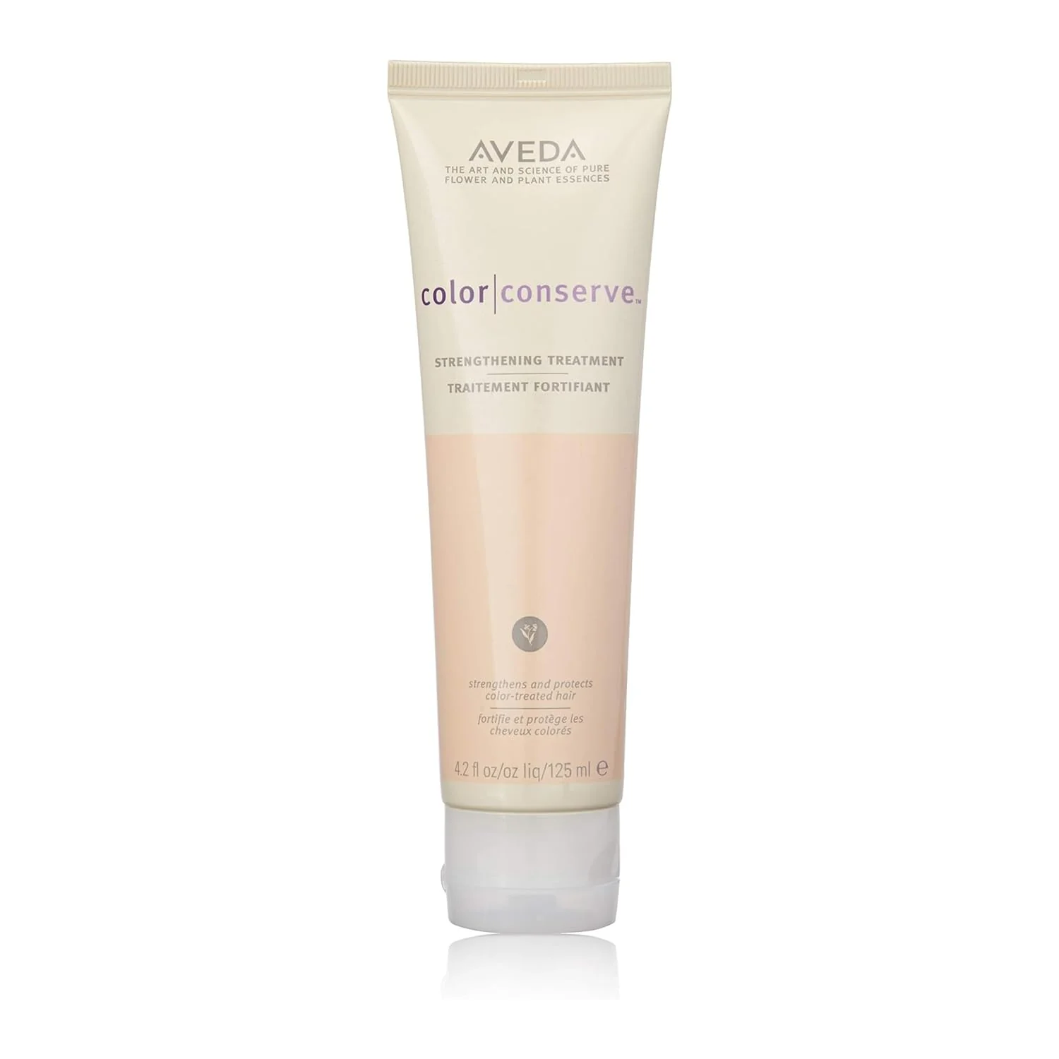 Aveda Color Conserve treatment tube on a white background. Aveda Color Conserve Strengthening Treatment 4.2oz jar, intensive treatment that strengthens color-treated hair, reduces breakage, and enhances shine and smoothness.