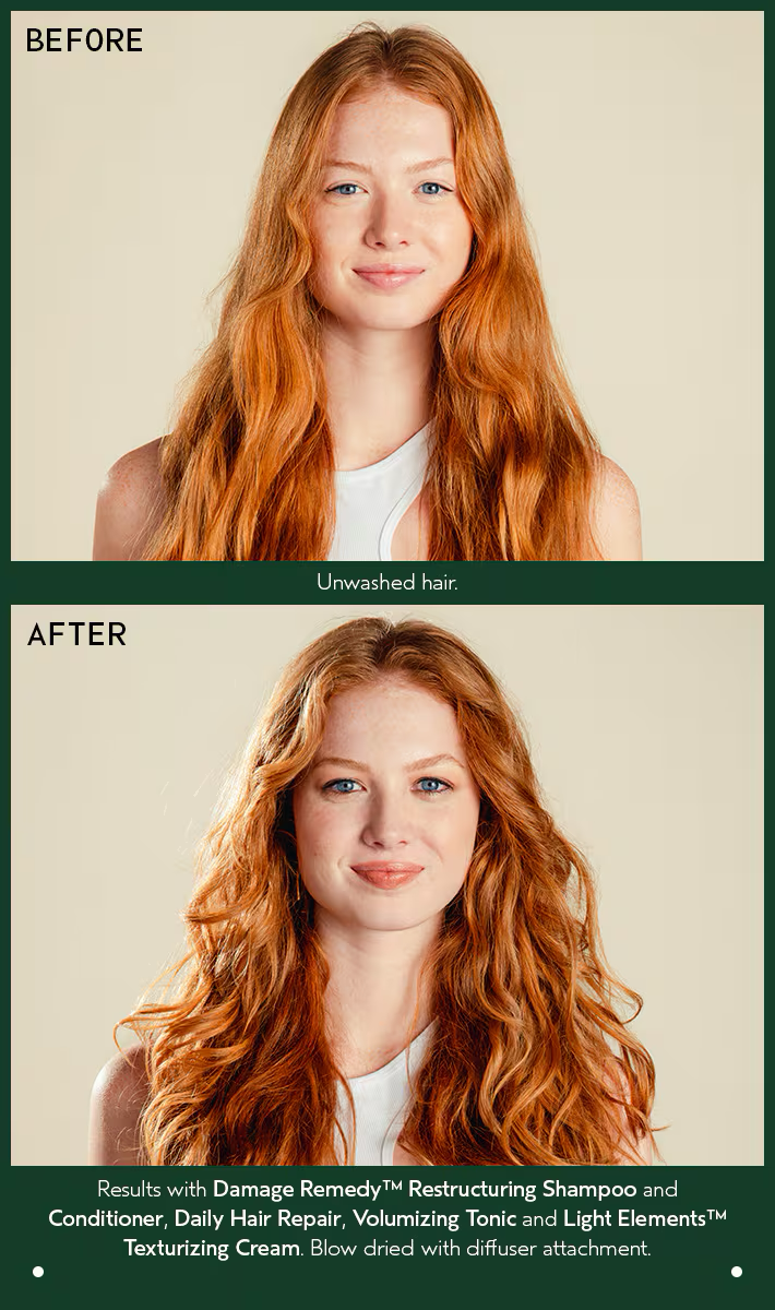 Before and after comparison of red hair with text highlighting product effects. Aveda Damage Remedy Restructuring Shampoo 8.5oz bottle, gentle shampoo that repairs, strengthens, and nourishes damaged hair while restoring softness and shine.