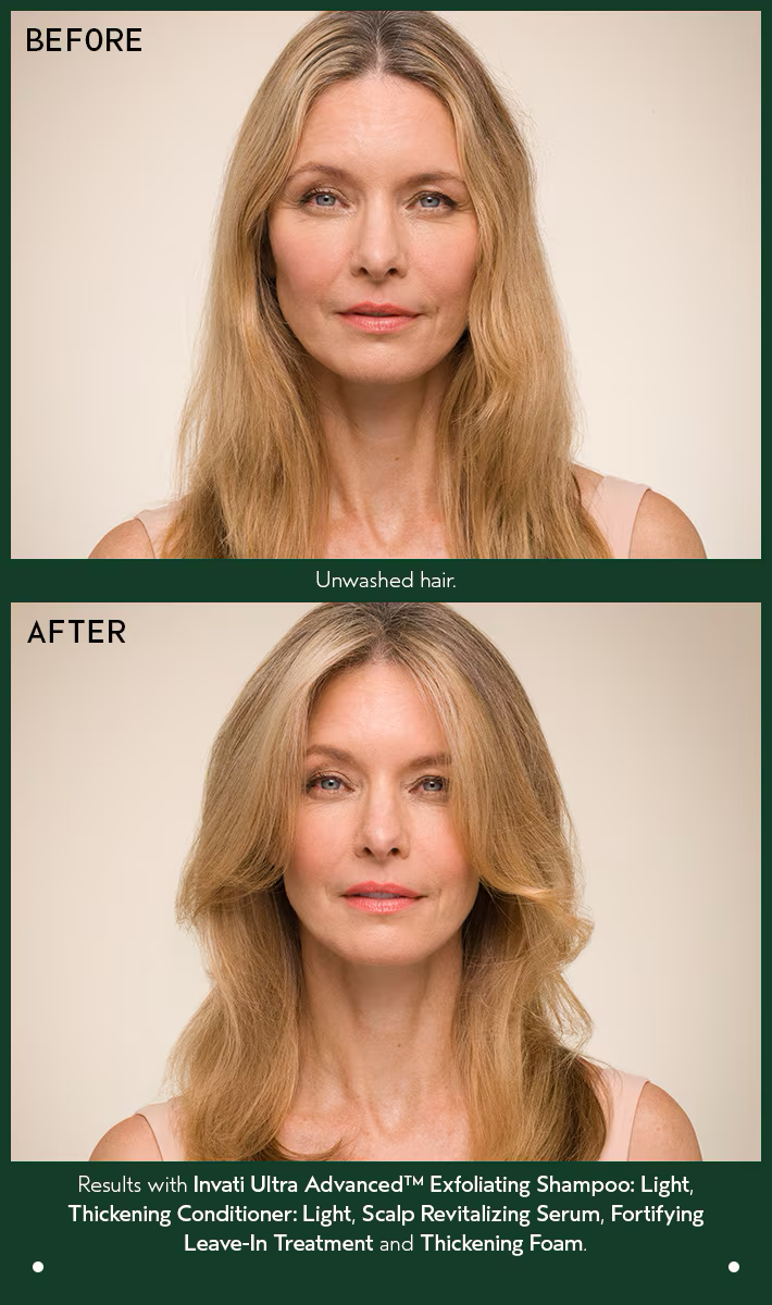 Before and after comparison of a woman with unbrushed and brushed hair, highlighting product effects. Aveda Invati Advanced Exfoliating Shampoo Light 6.7oz bottle, gentle shampoo that exfoliates the scalp, cleanses hair, and promotes thicker, healthier-looking strands.