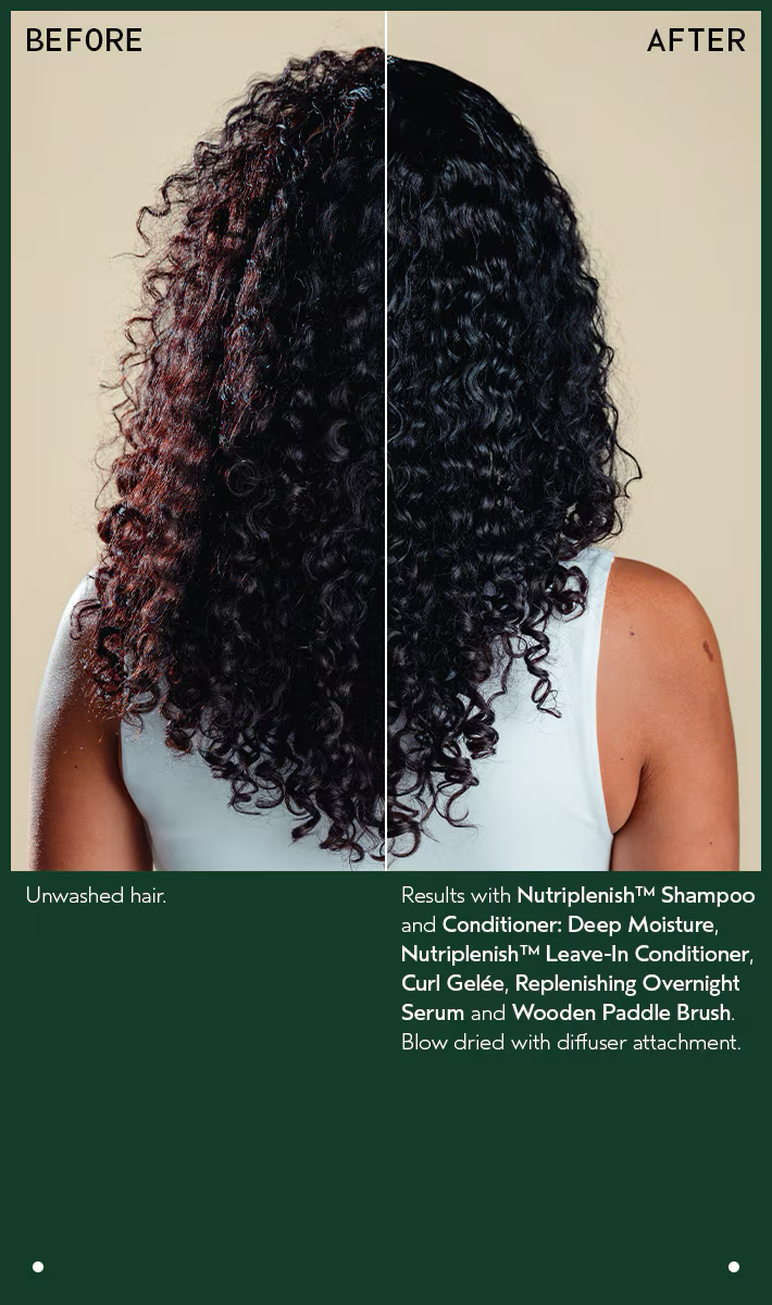 Before and after comparison of curly hair with Nutriplenish products on a beige background. Aveda Nutriplenish Deep Moisture Conditioner 8.5oz bottle, rich conditioner that deeply hydrates, nourishes, and restores softness and shine to dry or damaged hair.