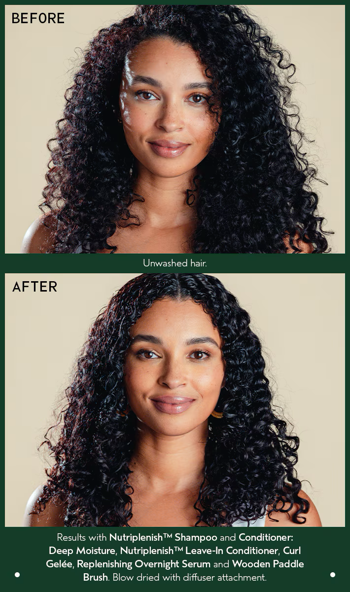 Before and after comparison of a woman's hair with Nutriplenish products. Aveda Nutriplenish Deep Moisture Conditioner 8.5oz bottle, rich conditioner that deeply hydrates, nourishes, and restores softness and shine to dry or damaged hair.