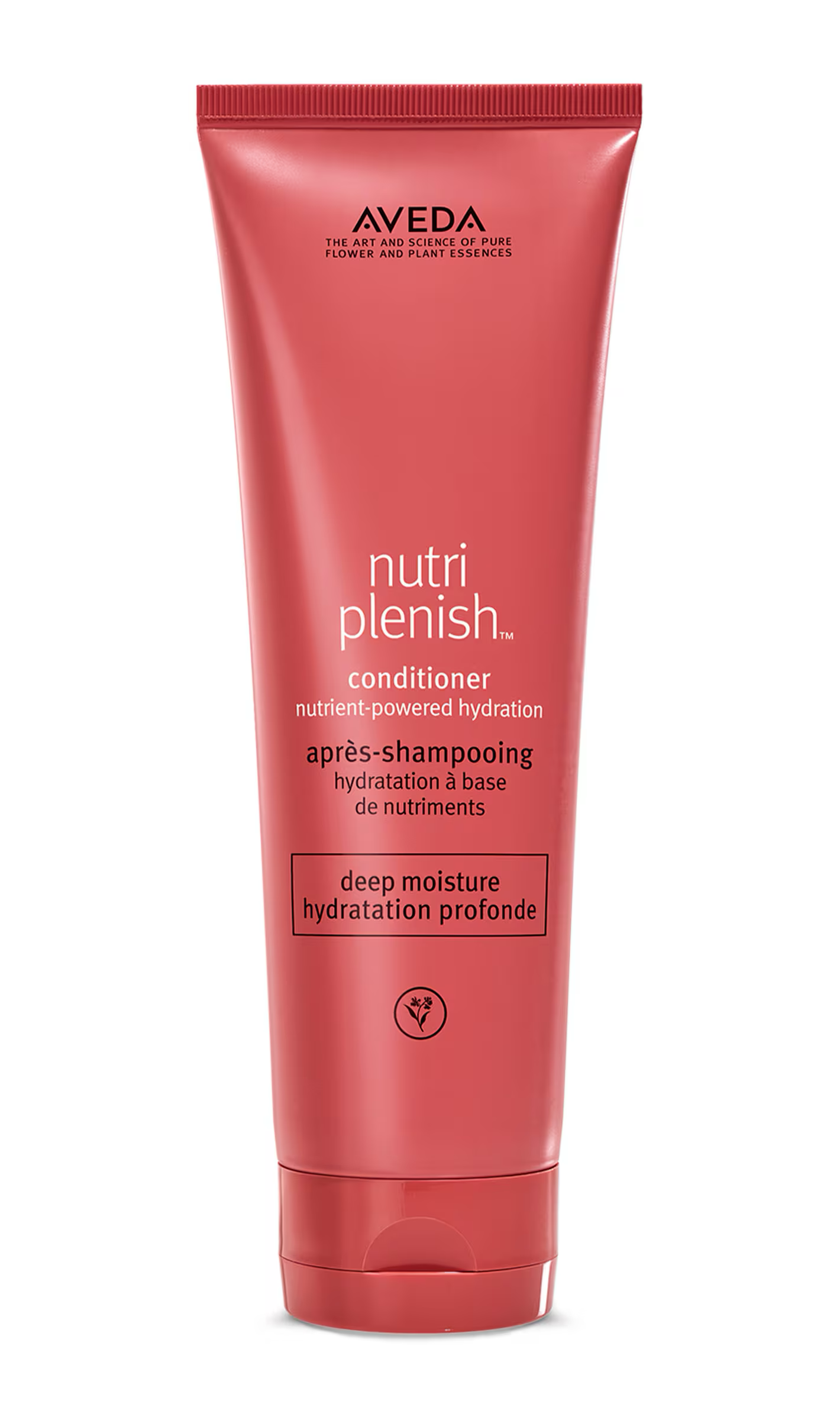 Aveda Nutriplenish conditioner tube on a white background. Aveda Nutriplenish Deep Moisture Conditioner 8.5oz bottle, rich conditioner that deeply hydrates, nourishes, and restores softness and shine to dry or damaged hair.