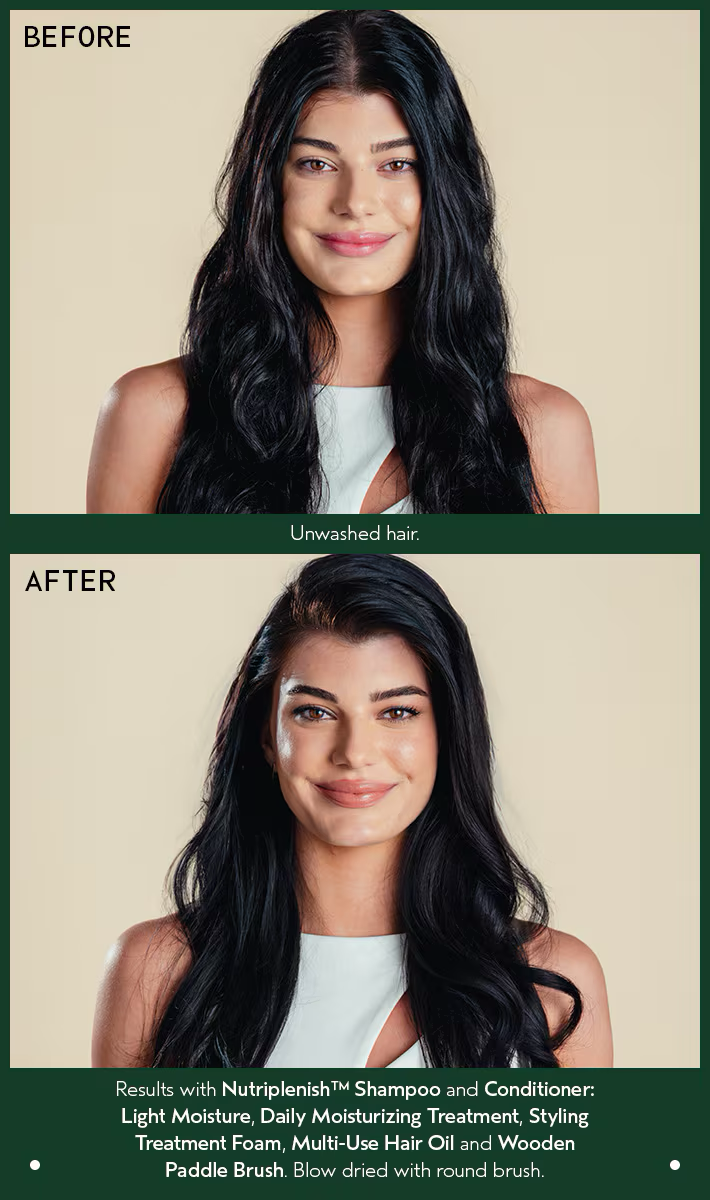 Before and after comparison of a woman with long black hair, showing the effect of Nutrifierm products. Aveda Nutriplenish Light Moisture Shampoo 8.5oz bottle, lightweight shampoo that gently hydrates, nourishes hair, and enhances softness and shine without weighing it down.