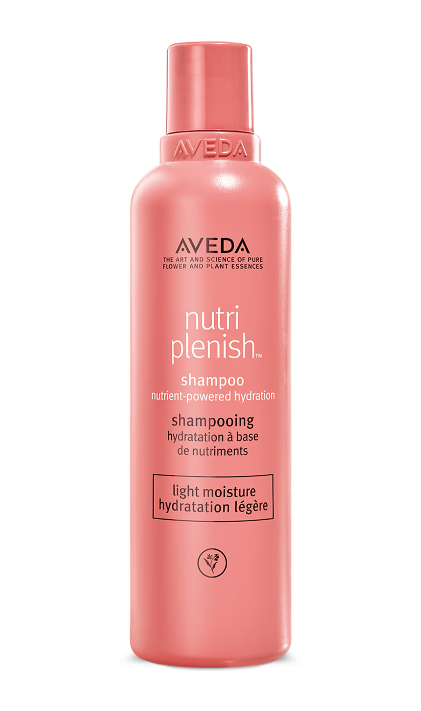 Aveda Nutriplenish shampoo bottle on a white background. Aveda Nutriplenish Light Moisture Shampoo 8.5oz bottle, lightweight shampoo that gently hydrates, nourishes hair, and enhances softness and shine without weighing it down.