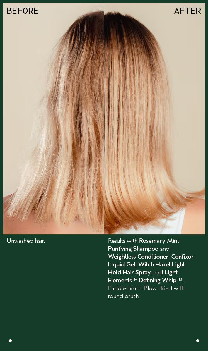Before and after comparison of hair with text about hair care products. Aveda Rosemary Mint Conditioner 8.5oz bottle, invigorating conditioner that refreshes the scalp, nourishes hair, and leaves strands soft, smooth, and energized