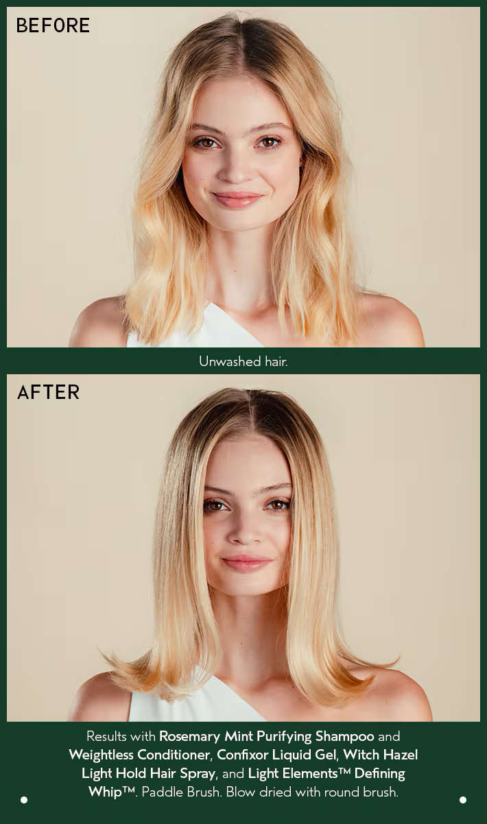 Before and after comparison of a woman with washed and unwashed hair on a beige background. Aveda Rosemary Mint Conditioner 8.5oz bottle, invigorating conditioner that refreshes the scalp, nourishes hair, and leaves strands soft, smooth, and energized