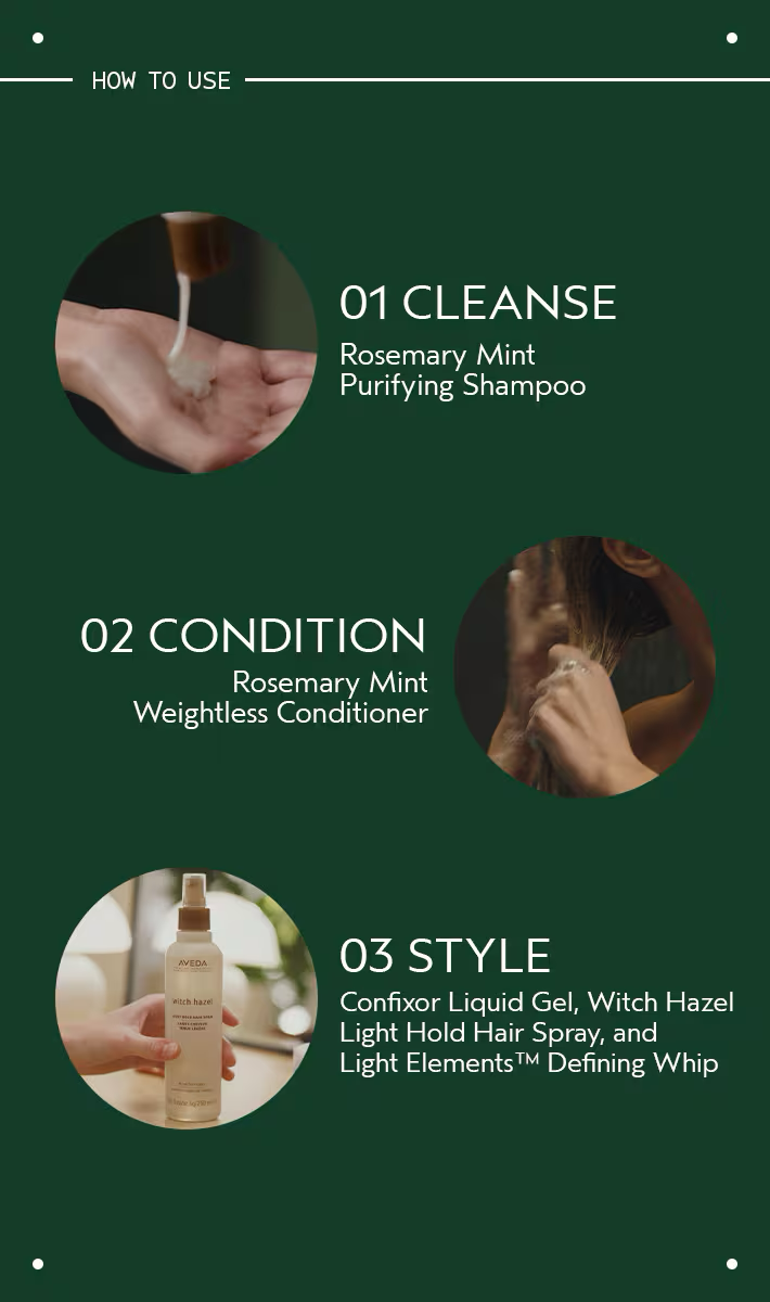 Step-by-step guide for using Rosemary Mint hair care products on a green background. Aveda Rosemary Mint Conditioner 8.5oz bottle, invigorating conditioner that refreshes the scalp, nourishes hair, and leaves strands soft, smooth, and energized