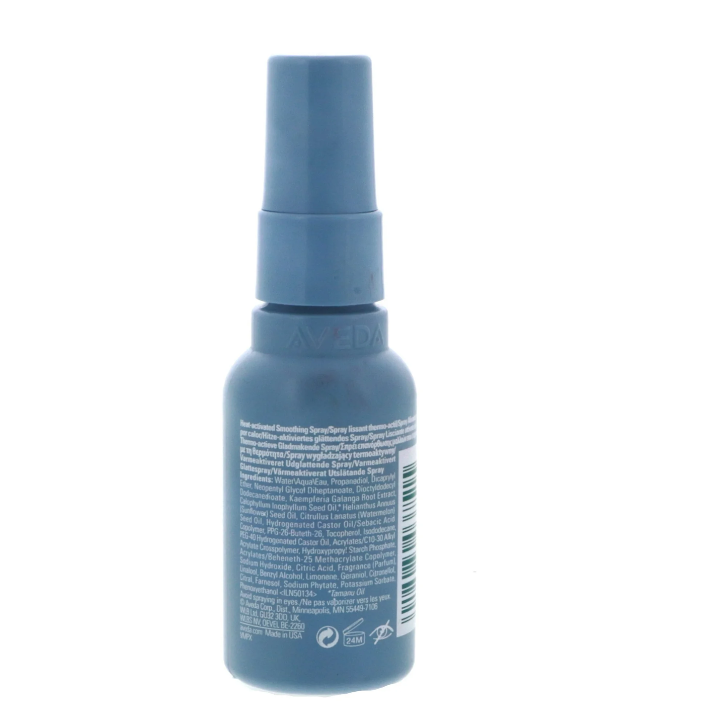 Blue spray bottle with nozzle on a white background. Aveda Smooth Infusion Perfect Blow Dry 50ml spray bottle, anti-frizz blow-dry primer that smooths hair, adds shine, and protects against humidity.