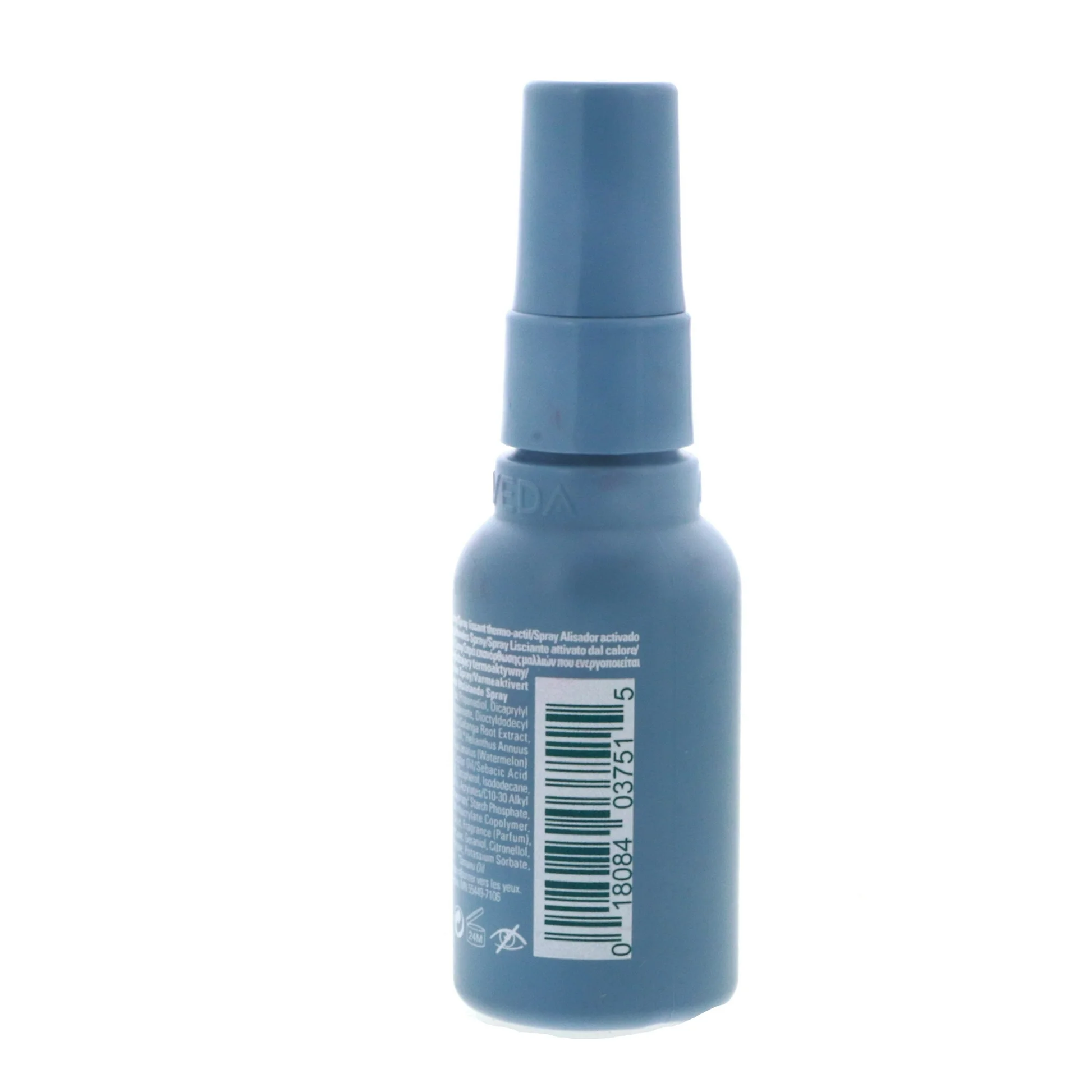 Blue spray bottle with a label on a white background. Aveda Smooth Infusion Perfect Blow Dry 50ml spray bottle, anti-frizz blow-dry primer that smooths hair, adds shine, and protects against humidity.