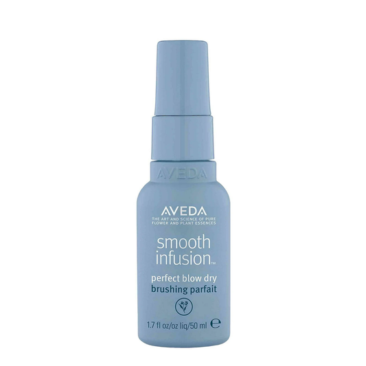 Aveda Smooth Infusion bottle on a white background. Aveda Smooth Infusion Perfect Blow Dry 50ml spray bottle, anti-frizz blow-dry primer that smooths hair, adds shine, and protects against humidity.