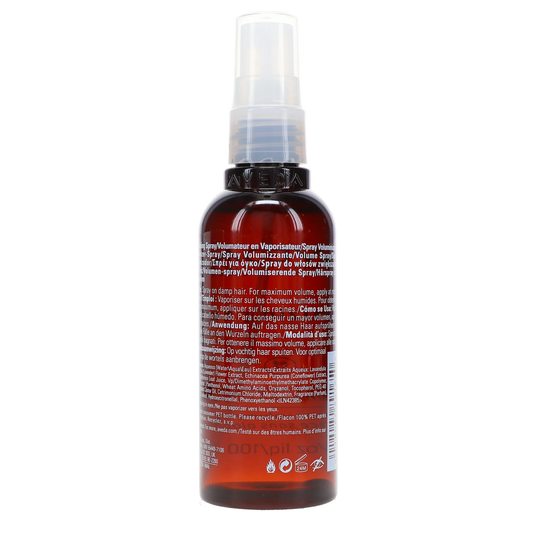Brown spray bottle with a white label on a white background. Aveda Volumizing Tonic 3.4oz spray bottle, lightweight styling tonic that adds lift at the roots, enhances fullness, and boosts body for fine and limp hair.
