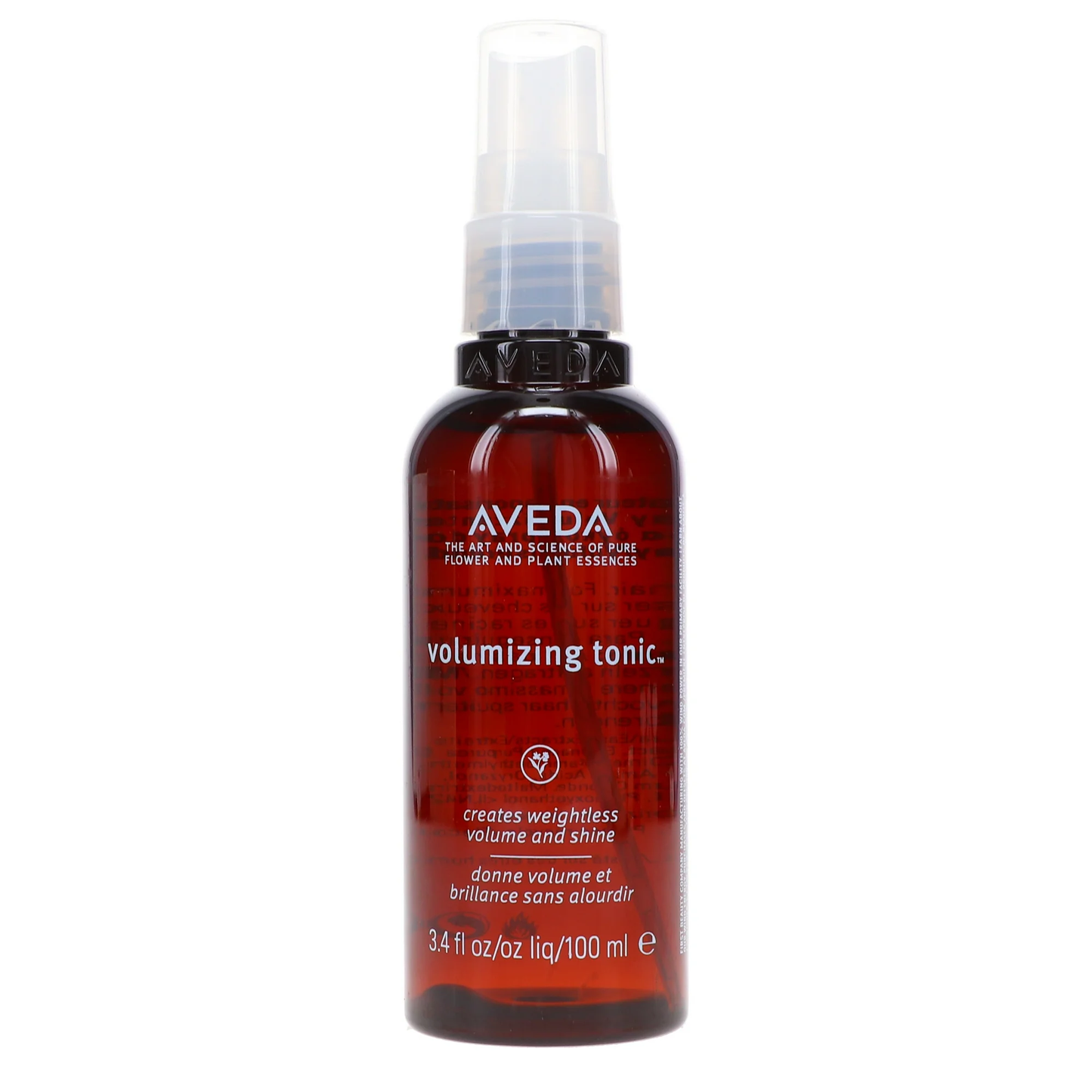 Aveda volumizing tonic bottle on a white background.Aveda Volumizing Tonic 3.4oz spray bottle, lightweight styling tonic that adds lift at the roots, enhances fullness, and boosts body for fine and limp hair.