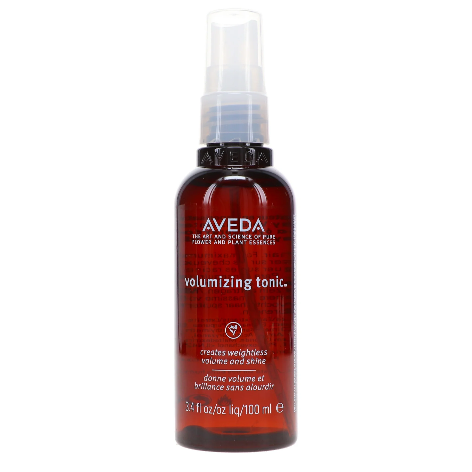 Aveda volumizing tonic bottle on a white background.Aveda Volumizing Tonic 3.4oz spray bottle, lightweight styling tonic that adds lift at the roots, enhances fullness, and boosts body for fine and limp hair.