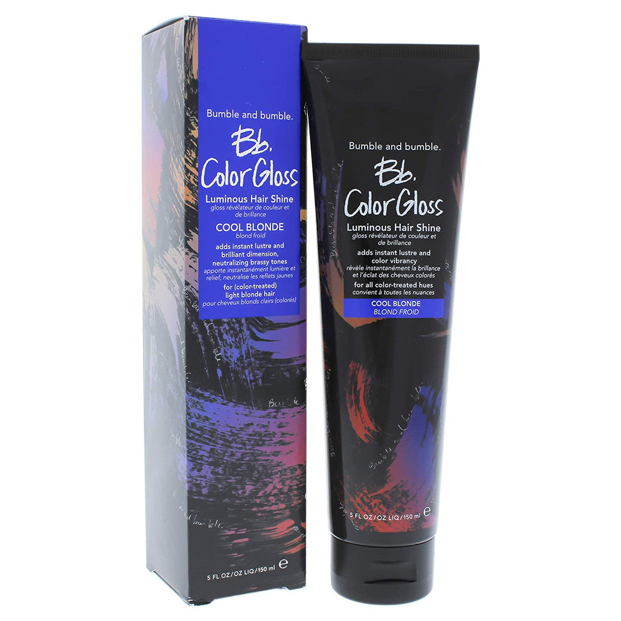 Bumble and bumble Color Gloss packaging and tube on a white background. Bumble & Bumble Color Gloss Luminous Hair Shine Cool Blonde 5oz jar, treatment that enhances color, adds shine, and revitalizes cool blonde hair.