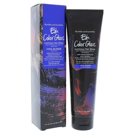 Bumble and bumble Color Gloss packaging and tube on a white background. Bumble & Bumble Color Gloss Luminous Hair Shine Cool Blonde 5oz jar, treatment that enhances color, adds shine, and revitalizes cool blonde hair.