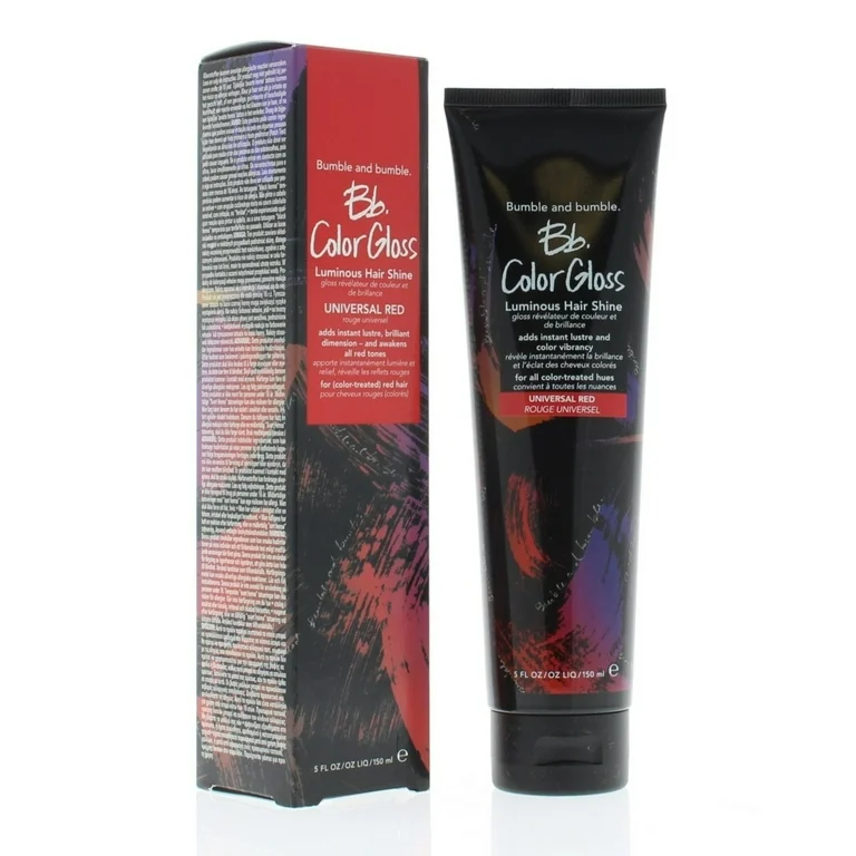 Bumble and bumble Color Gloss packaging on a white background. Bumble & Bumble Color Gloss Luminous Hair Shine Universal Red 5oz jar, treatment that enhances red tones, adds shine, and revitalizes hair color