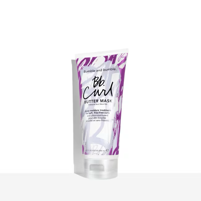 Bumble and bumble Curl Butter Mask packaging on a white background. Bumble and Bumble Curl Butter Hair Mask 6.7oz jar, rich mask that deeply nourishes, defines curls, reduces frizz, and enhances softness, shine, and curl elasticity