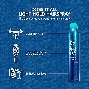 Bb Does It All light hold hairspray with features on a blue background. Bumble and Bumble Does It All Light Hold Hairspray 10oz can, lightweight hairspray that provides gentle hold, natural movement, and frizz control.