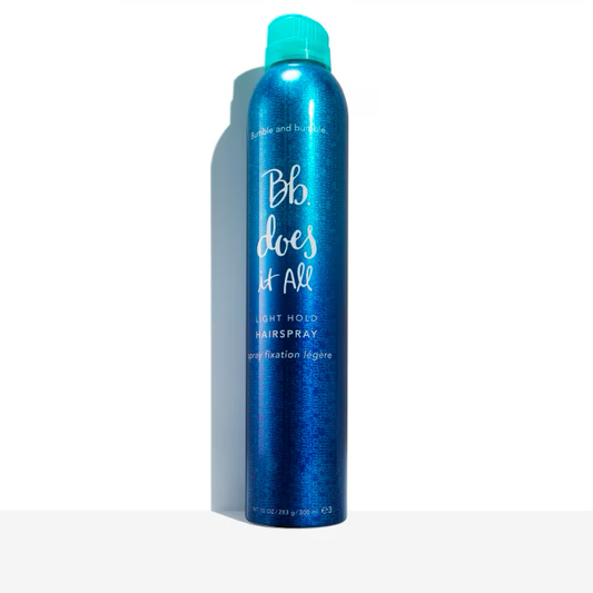 Blue hairspray can with turquoise cap on a white background. Bumble and Bumble Does It All Light Hold Hairspray 10oz can, lightweight hairspray that provides gentle hold, natural movement, and frizz control.