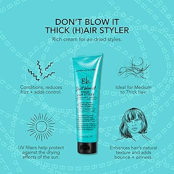 Turquoise hair styling product with text on a matching background. Bumble and Bumble Don’t Blow It – Thick Hair Styler 5oz jar, lightweight styler that adds volume, texture, and control while enhancing fullness and manageability for thick hair.