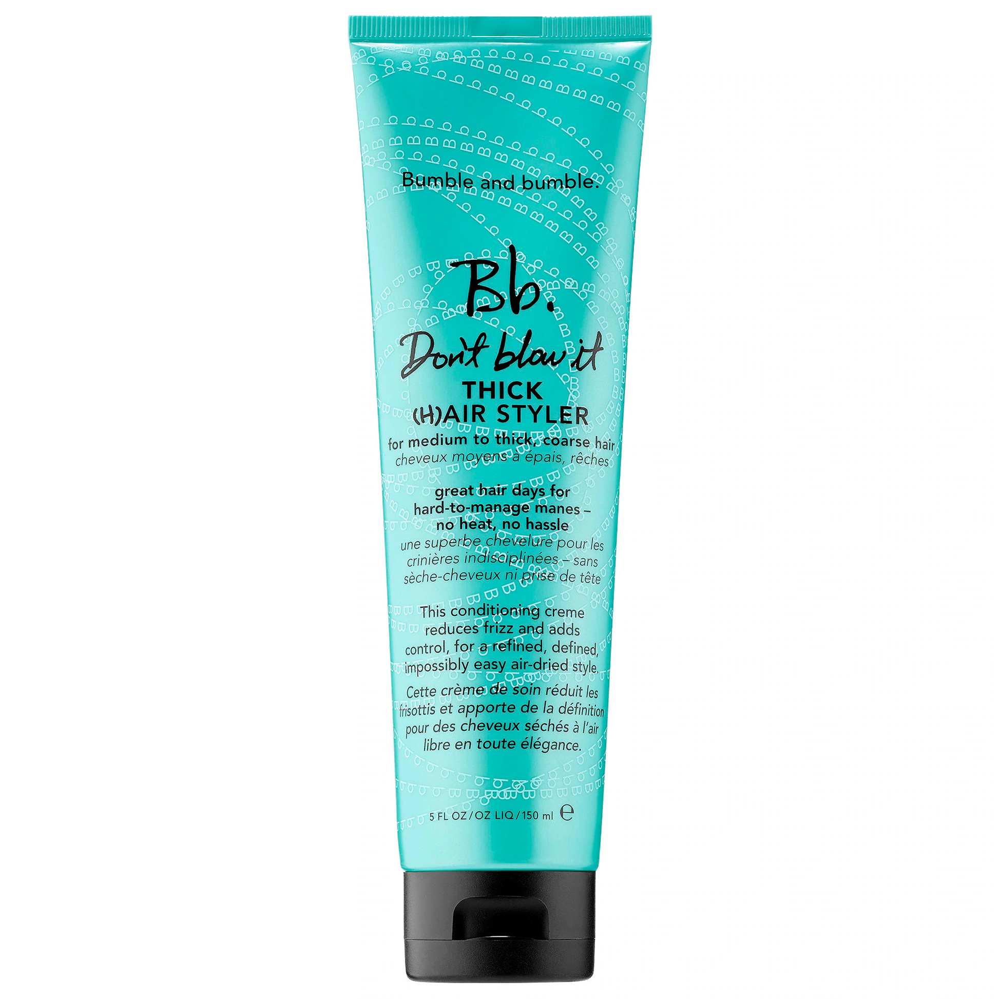Bumble and bumble Thick Hair Styler tube on a white background. Bumble and Bumble Don’t Blow It – Thick Hair Styler 5oz jar, lightweight styler that adds volume, texture, and control while enhancing fullness and manageability for thick hair.