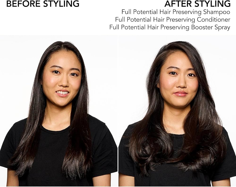 Before and after comparison of hair styling with product names listed.Bumble and Bumble Full Potential Conditioner 6.7oz bottle, nourishing conditioner that strengthens, softens, and enhances hair health, shine, and manageability