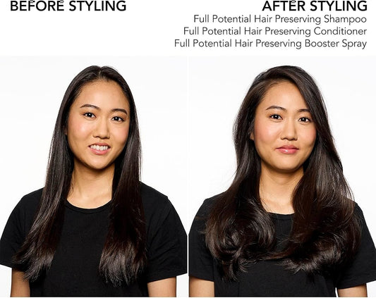 Before and after comparison of hair styling with product names listed.Bumble and Bumble Full Potential Conditioner 6.7oz bottle, nourishing conditioner that strengthens, softens, and enhances hair health, shine, and manageability