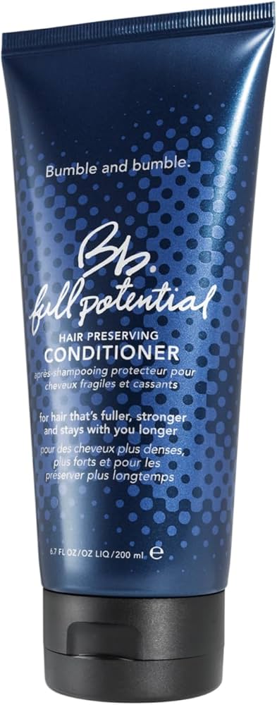 Bumble and bumble full potential conditioner tube on a white background. Bumble and Bumble Full Potential Conditioner 6.7oz bottle, nourishing conditioner that strengthens, softens, and enhances hair health, shine, and manageability