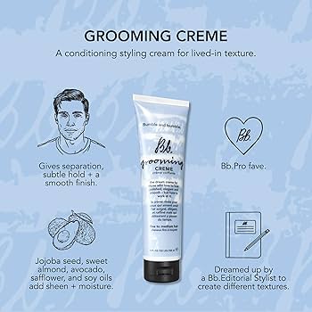 Bb. Grooming Creme tube with text on a blue background. Bumble and Bumble Grooming Creme 5oz jar, versatile styling cream that provides light hold, smooths frizz, adds shine, and enhances manageability for all hair types