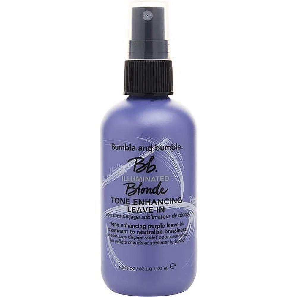 Bottle of Bumble and bumble Illuminated Blonde Tone Enhancing Leave In product on a white background. Bumble and Bumble Illuminated Blonde Tone Enhancing Leave-In 4.2oz bottle, lightweight leave-in treatment that enhances blonde tones, adds shine, and improves hair manageability.