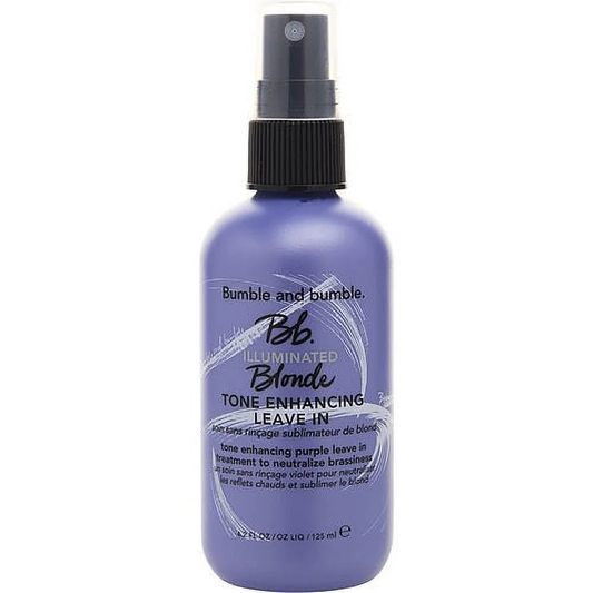 Bottle of Bumble and bumble Illuminated Blonde Tone Enhancing Leave In product on a white background. Bumble and Bumble Illuminated Blonde Tone Enhancing Leave-In 4.2oz bottle, lightweight leave-in treatment that enhances blonde tones, adds shine, and improves hair manageability.
