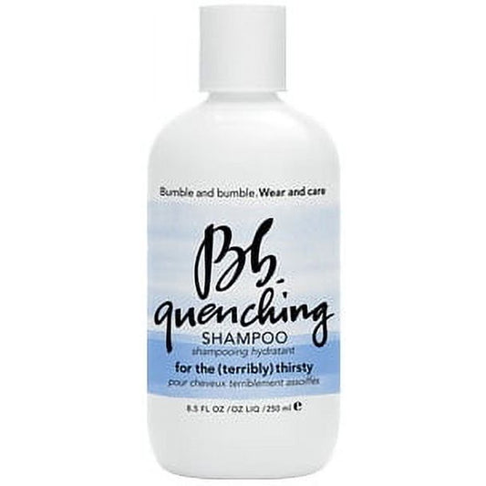 Bumble and bumble quenching shampoo bottle on a white background. Bumble and Bumble Quenching Shampoo 8.5oz bottle, hydrating shampoo that replenishes moisture, strengthens hair, and leaves strands soft, smooth, and healthy-looking.