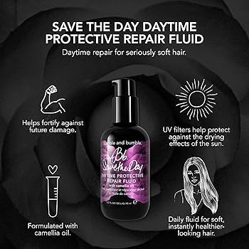 Bumble and bumble Save the Day Daytime Protective Repair Fluid bottle with text on a black background. Bumble and Bumble Save the Day Daytime Protective Repair Fluid 3.2oz bottle, lightweight treatment that protects, repairs, and strengthens hair during the day