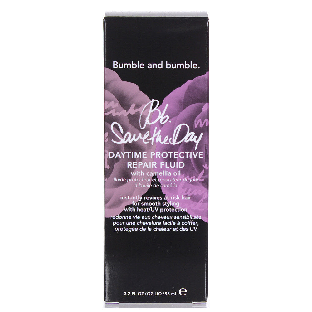 Bumble and bumble Daytime Protective Repair Fluid packaging on a white background. Bumble and Bumble Save the Day Daytime Protective Repair Fluid 3.2oz bottle, lightweight treatment that protects, repairs, and strengthens hair during the day