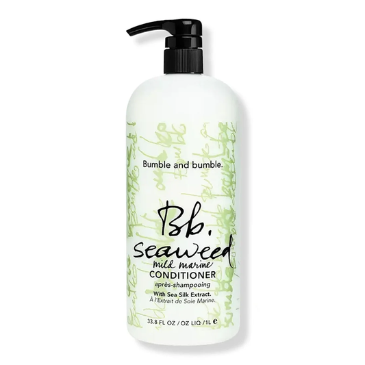 Bumble and bumble Seaweed Conditioner bottle on a white background. Bumble and Bumble Seaweed Nourishing Conditioner Liter bottle, rich conditioner that hydrates, strengthens, and softens hair while enhancing shine and manageability.