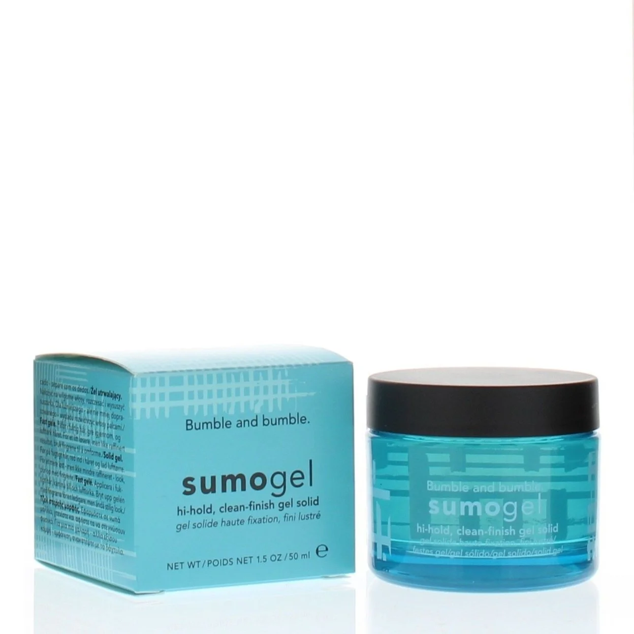 Bumble and bumble sumogel jar and packaging on a white background. Bumble and Bumble Sumogel 1.5oz tube, styling gel that provides firm, flexible hold with shine and control for all hair types.