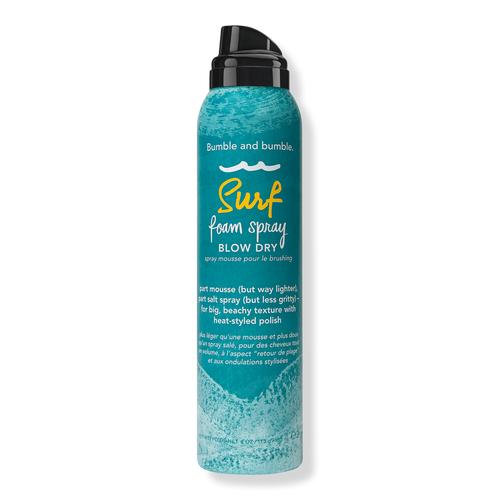 Bumble and bumble Surf Foam Spray Blow Dry bottle on a white background. Bumble and Bumble Surf Foam Spray Blow Dry Mousse 5oz can, lightweight mousse that adds volume, texture, and beachy waves while enhancing hair body and movement.
