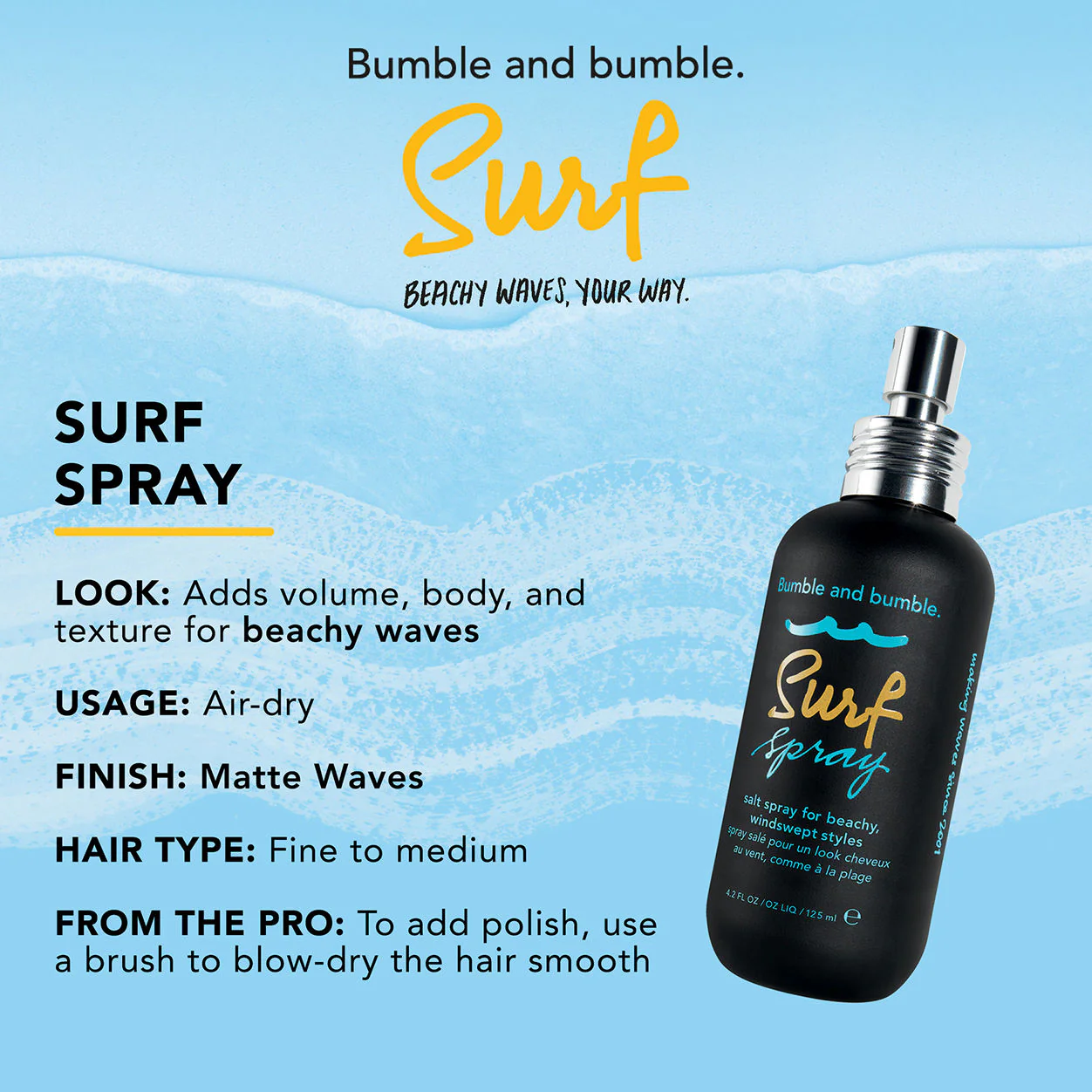 Bumble and bumble Surf Spray bottle with product details on a blue background. Bumble and Bumble Surf Hairspray 4oz bottle, lightweight hairspray that provides flexible hold, enhances texture, and creates natural, beachy waves with movement and shine
