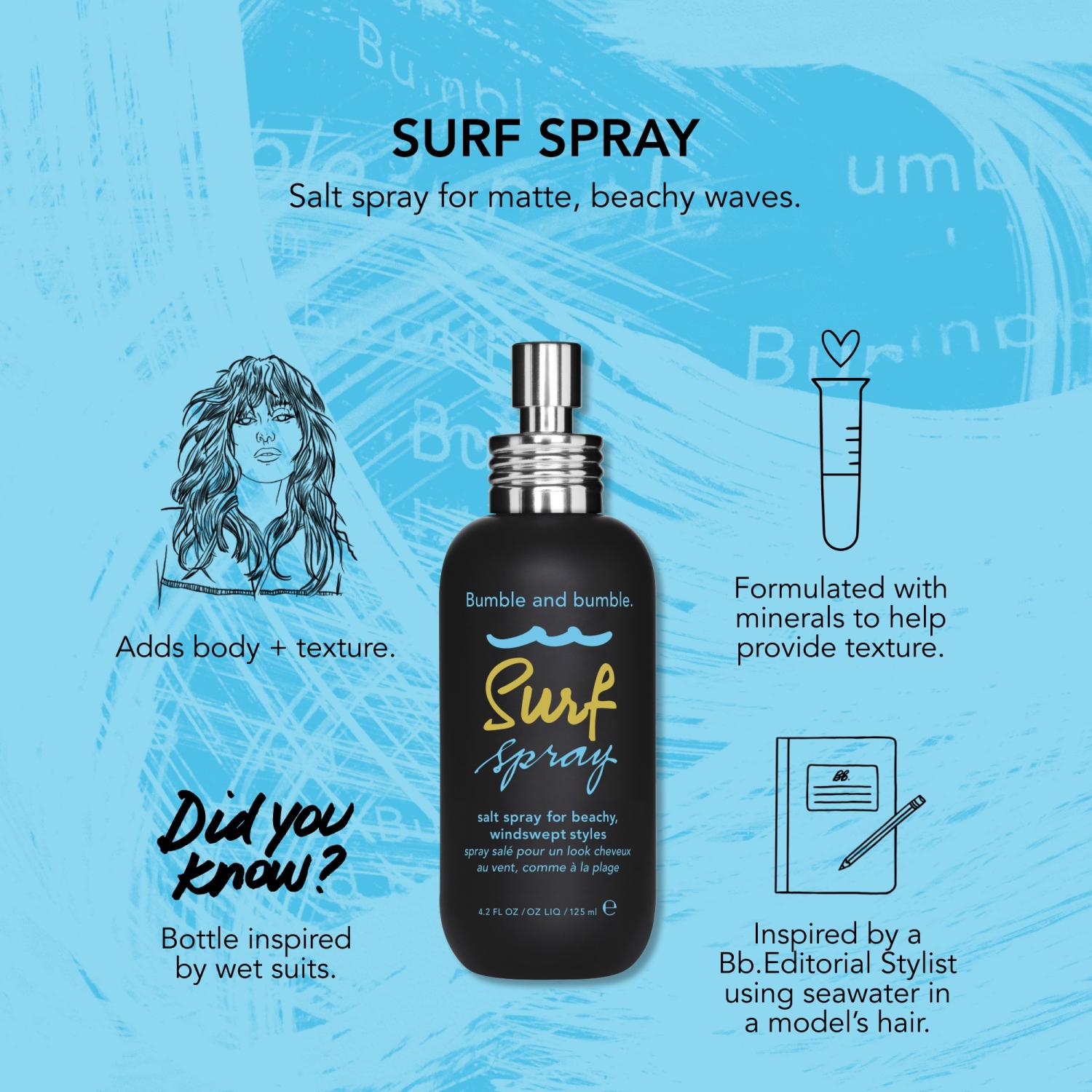 Bumble and bumble Surf Spray bottle with product details on a blue background. Bumble and Bumble Surf Hairspray 4oz bottle, lightweight hairspray that provides flexible hold, enhances texture, and creates natural, beachy waves with movement and shine.