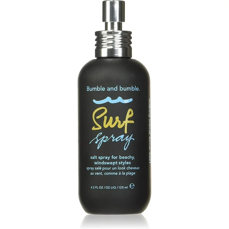 Bumble and bumble Surf Spray bottle on a white background.Bumble and Bumble Surf Hairspray 4oz bottle, lightweight hairspray that provides flexible hold, enhances texture, and creates natural, beachy waves with movement and shine