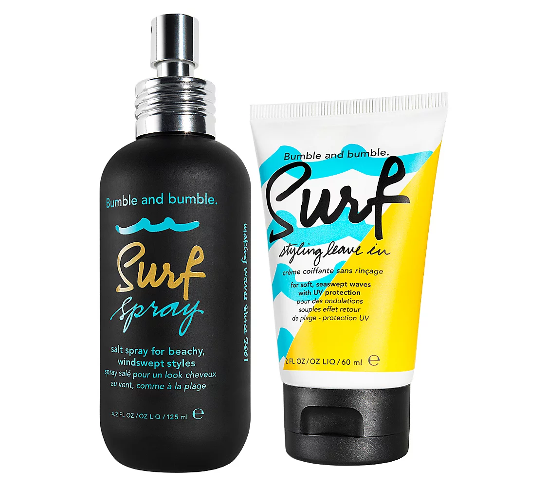 Bumble and bumble Surf Spray and Surf styling leave-in product on a white background. Bumble and Bumble Surf Spray 1.7oz and Surf Styling Leave-In 2oz Set, duo that adds texture, volume, and beachy waves while enhancing softness, movement, and shine.