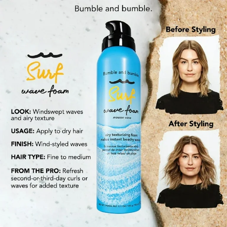 Bumble and bumble Surf wave foam bottle with before and after styling images on a textured background