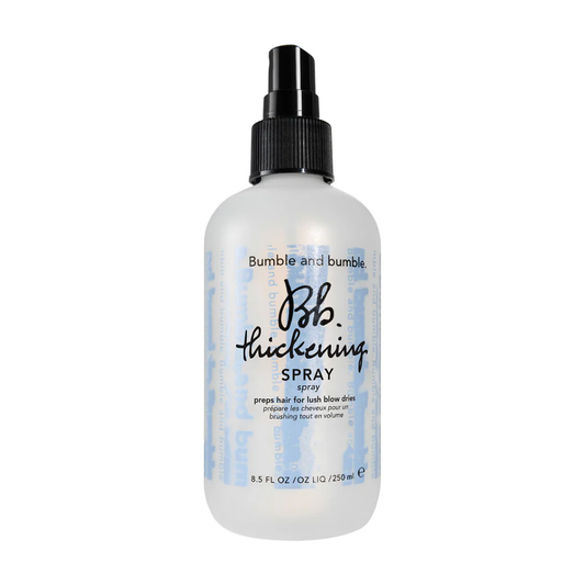 Bumble and bumble thickening spray bottle on a white background. Bumble and Bumble Thickening Blow-Dry Prep Spray 8.5oz bottle, lightweight prep spray that adds volume, boosts body, and provides heat protection for fuller-looking hair.