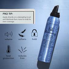 Hair spray bottle with features listed on a blue background. Bumble and Bumble Thickening Full Form Soft Mousse 5oz can, lightweight mousse that adds volume, body, and fullness while keeping hair soft, flexible, and touchable.