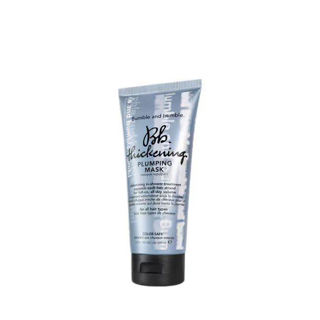 Bumble and bumble Thickening Plumping Mask tube on a white background. Bumble and Bumble Thickening Plumping Hair Mask 6.7oz jar, rich treatment that strengthens, nourishes, and adds body and volume to hair for fuller, thicker-looking strands.