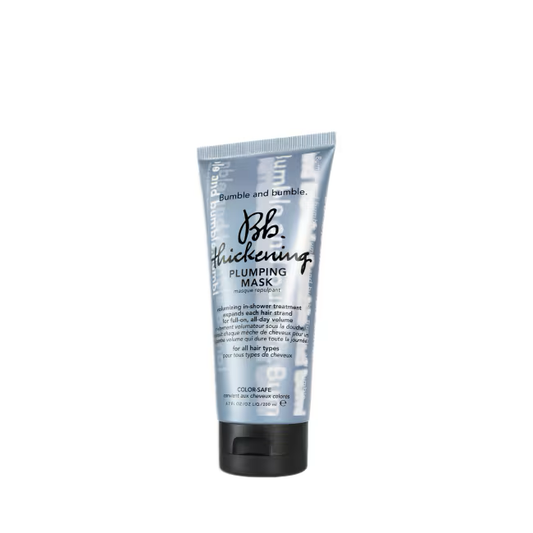 Bumble and bumble Thickening Plumping Mask tube on a white background. Bumble and Bumble Thickening Plumping Hair Mask 6.7oz jar, rich treatment that strengthens, nourishes, and adds body and volume to hair for fuller, thicker-looking strands.