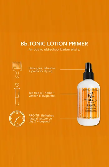 Bb. Tonic Lotion Primer bottle on an orange background with product details. Bumble and Bumble Tonic Primer Lotion 8.5oz bottle, lightweight lotion that preps hair for styling, adds moisture, improves manageability, and enhances overall hair health.