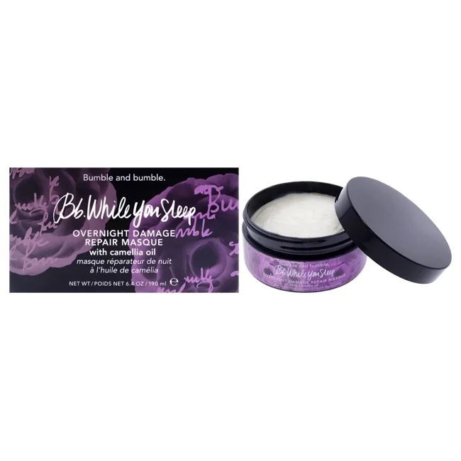 Bumble and bumble hair mask with packaging on a white background. Bumble and Bumble While You Sleep Overnight Hair Repair Mask 6.4oz jar, intensive treatment that repairs, nourishes, and restores damaged hair while you sleep